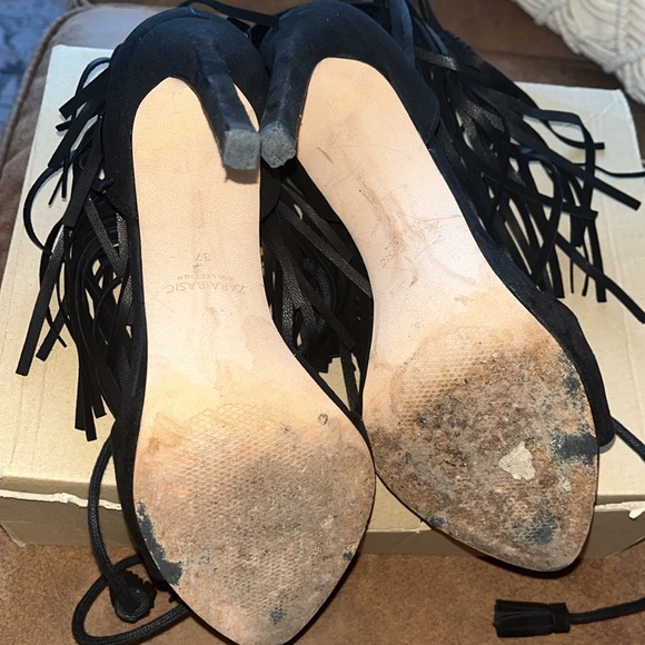 Zara Basica Black Leather Fringe Heels - 37 - Picture 5 of 11